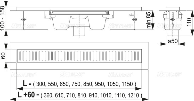 Водоотводящий желоб с порогами для перфорированной решетки, вертикальный сток Alcaplast APZ1001S-650 (Чехия) - фото2