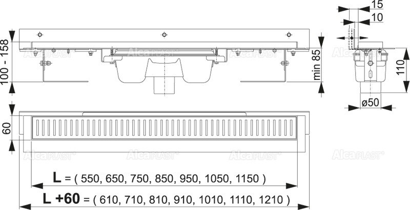 Водоотводящий желоб с порогами для перфорированной решетки и регулируемым воротником к стене, вертикальный сток Alcaplast APZ1004S-850(Чехия) - фото2