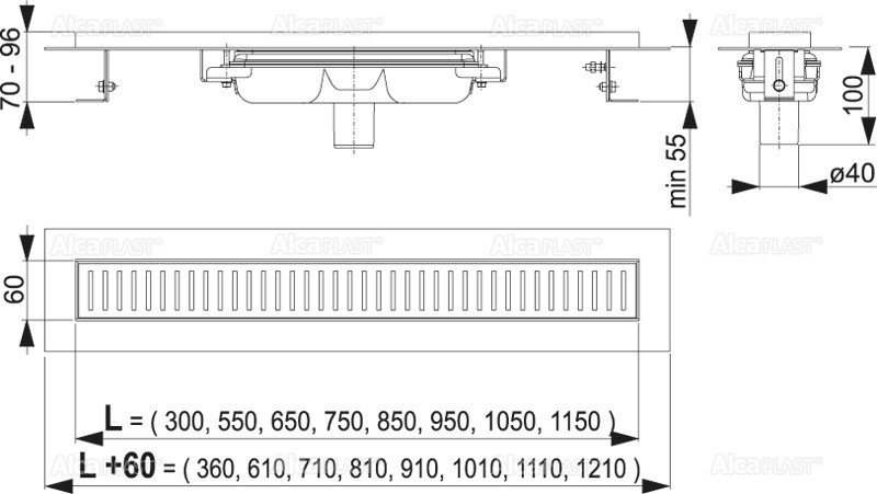Водоотводящий желоб с порогами для перфорированной решетки, вертикальный сток Alcaplast APZ1101-950 (Чехия) - фото2