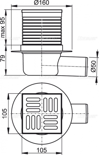 Трап с решёткой, затвор комбинированный SMART 105×105/50 мм, Alcaplast APV31-BL-01 (Чехия)