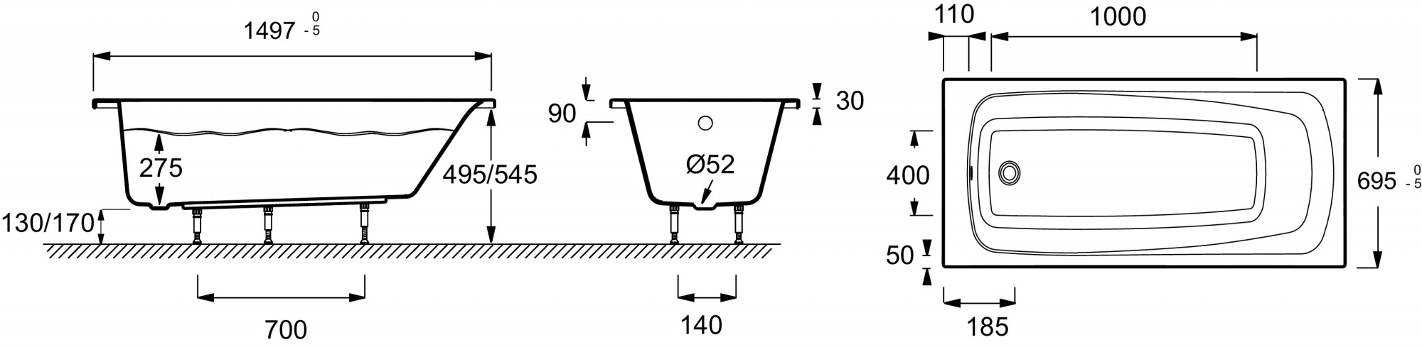 Ванна акриловая Jacob Delafon Patio E6810RU-01 150 x 70 x 37.50 (Франция) - фото2