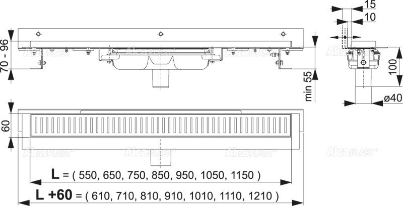 Водоотводящий желоб с порогами для перфорированной решетки и регулируемым воротником к стене, вертикальный сток Alcaplast APZ1104-550 (Чехия) - фото2